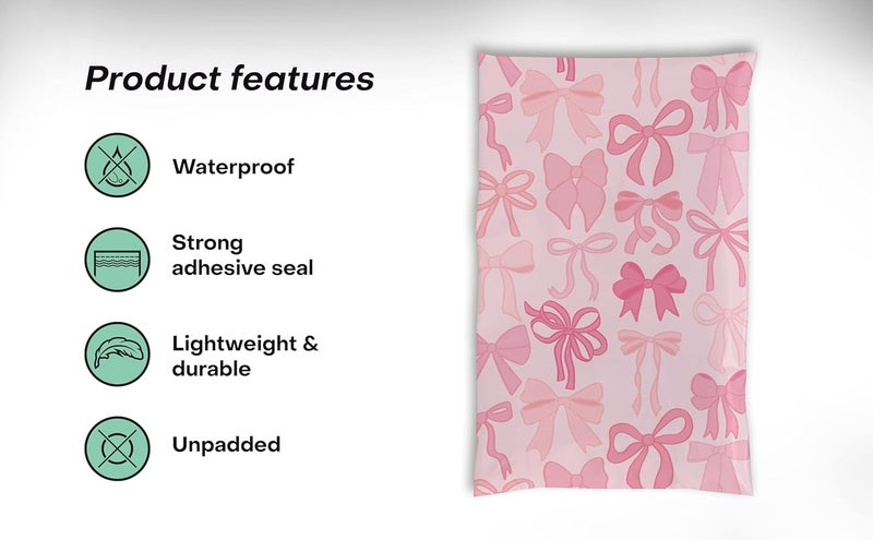 Package Mint 6x9 Poly Mailers – Coquette Bows Design – Waterproof, Tear-Resistant Shipping Bags with Adhesive Seal – 100 Pack – - Image 3
